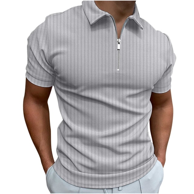 Homme Décontracté Uni Col Rabattu Chandail à Rayures Haute Élasticité Blouse à Manches Courtes Extensible T-Shirt de Vacances, Gris, G