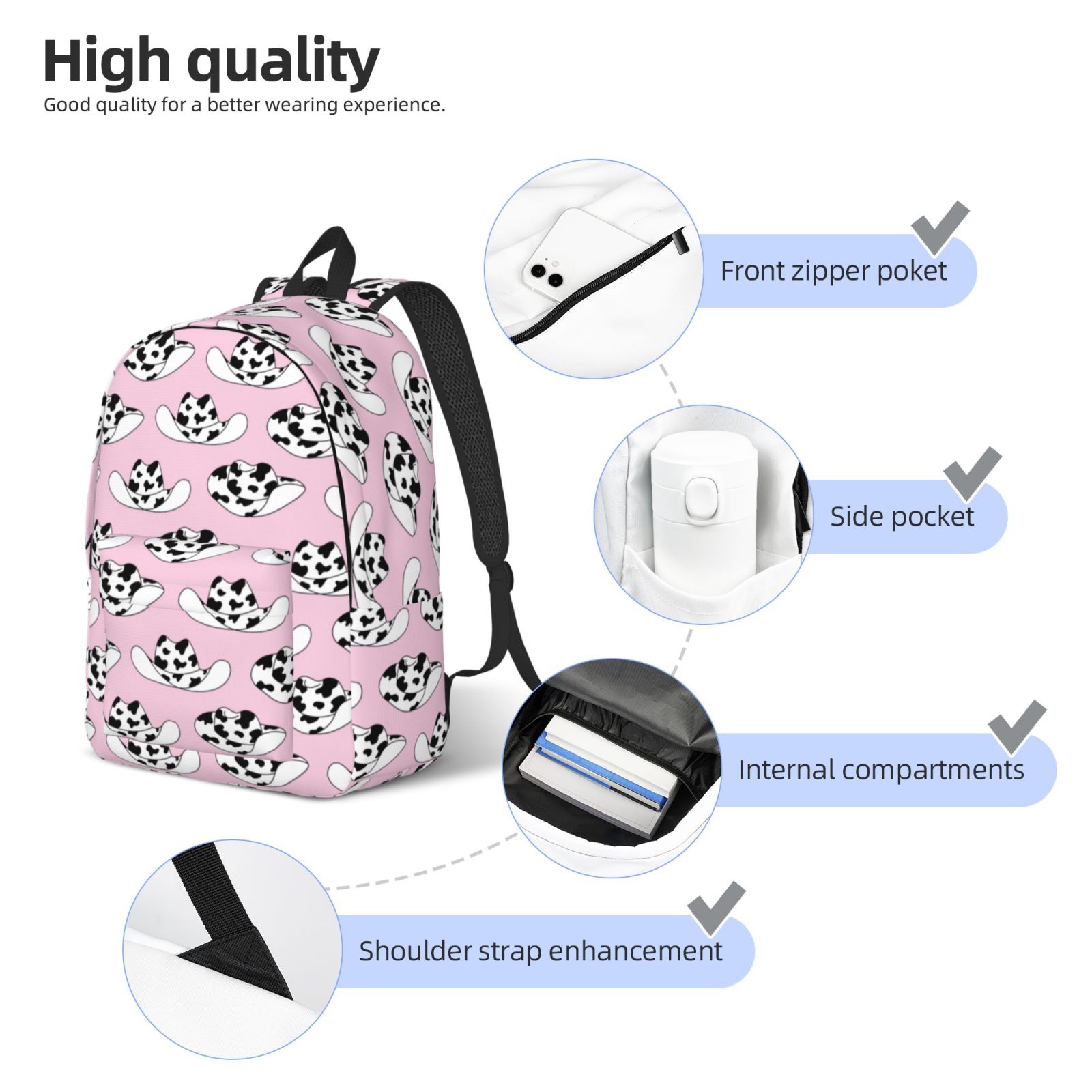 Travel Laptop Backpack - Cartoon Cow Print Cowboy Hat Lightweight Canvas Backpack, Wear Resistant Computer Backpack Bag Fit {sizeName} Laptop for Men Women with Adjustable Padded Shoulder Straps