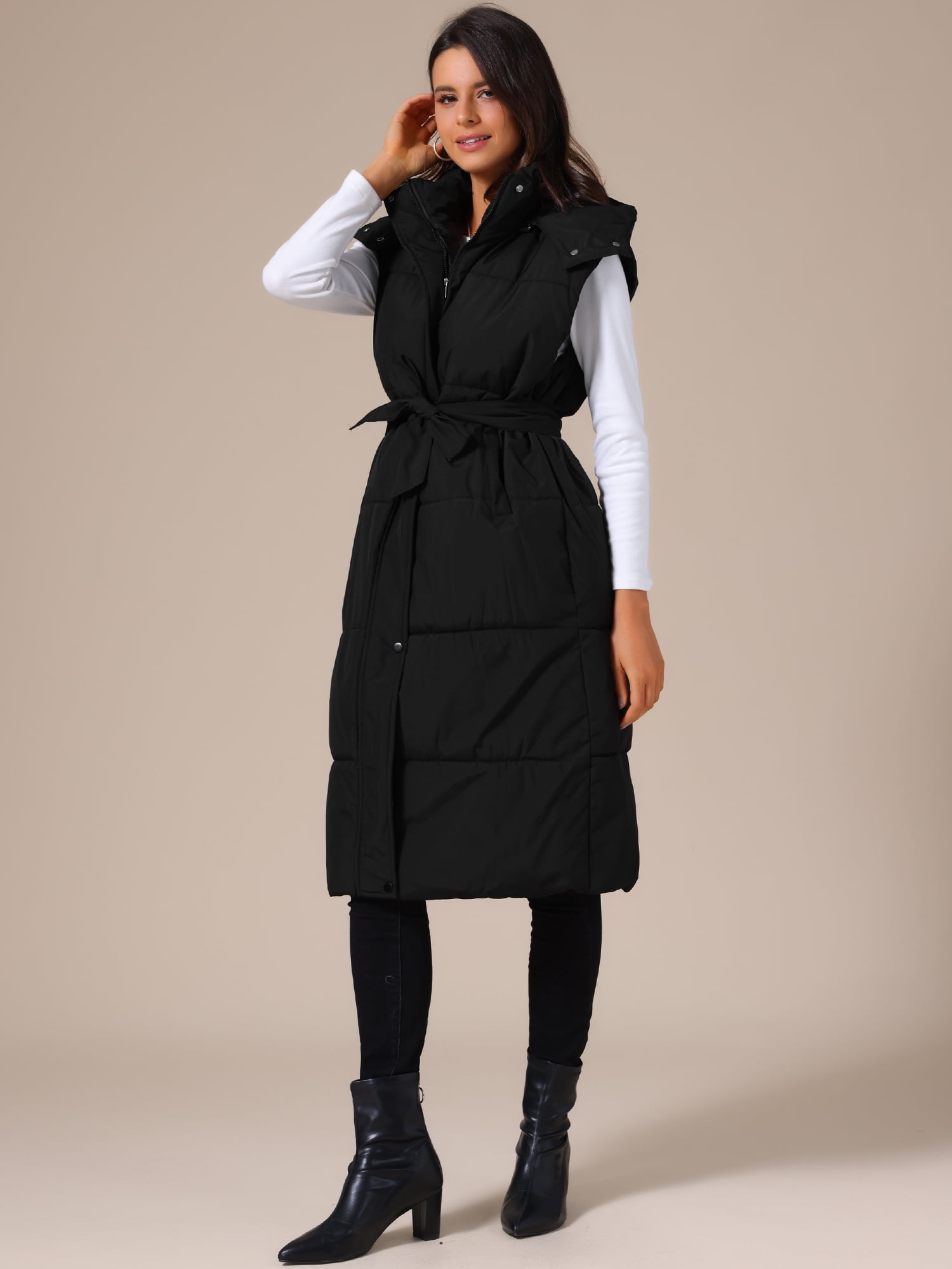 DARING DIVA Women's Sleeveless Hooded Belted Pockets Long Puffer Jacket M Black