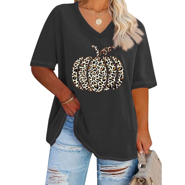 Puntoco Camiseta básica de verano de color liso con mangas cortas y cuello en V grande con diseño de calabaza de Acción de Gracias para mujer