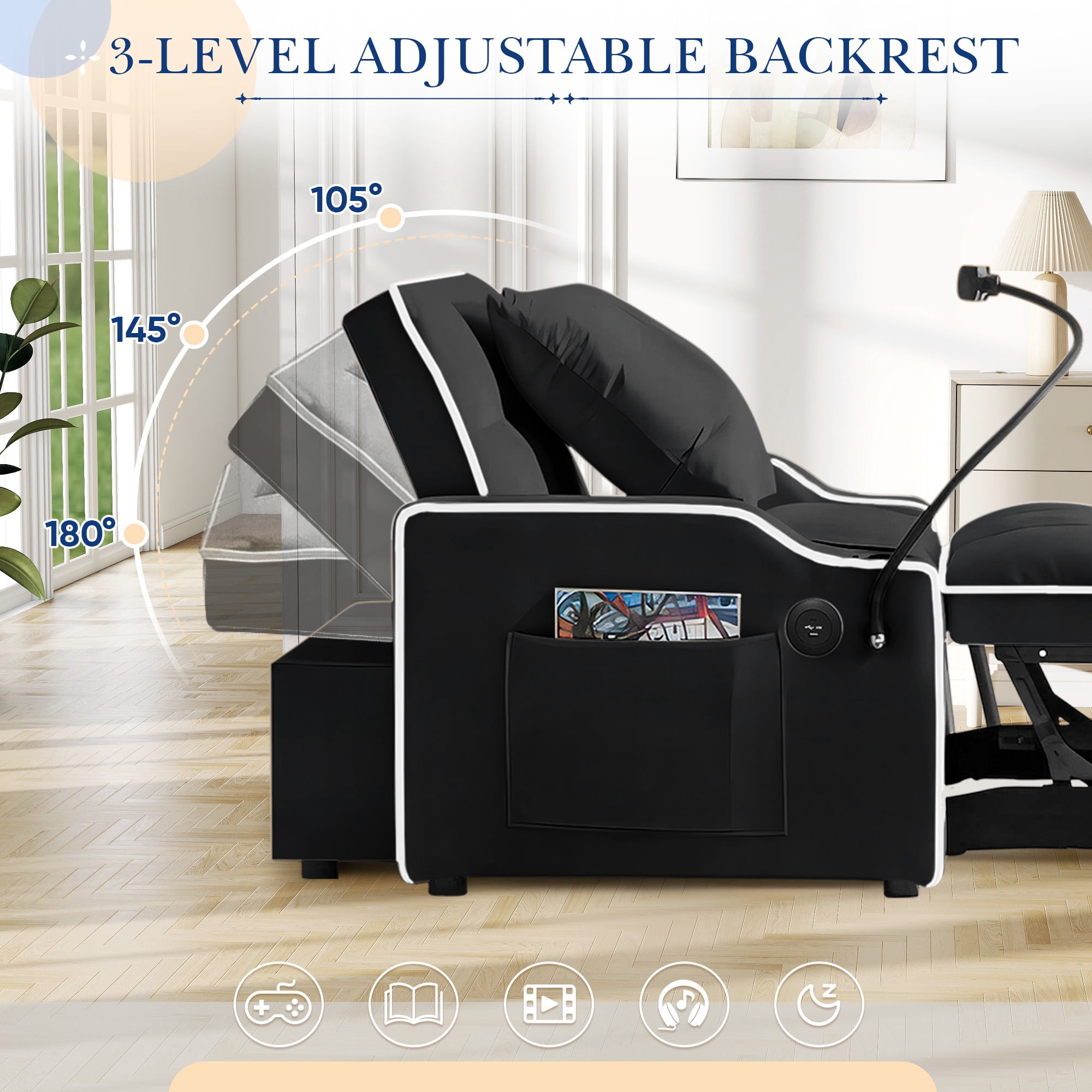Lunale 4-in-1 Convertible Sleeper Chair Bed with Charge Ports & Phone Stand, Black Velvet