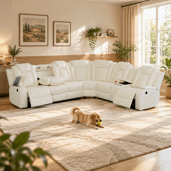 Power Reclining Sectional Sofa, Living Room Furniture Set with USB Chargers and Storage Console, Leather Recliner Sofa for Living Room/Apartment/Office/Home Theather (Creamy White)