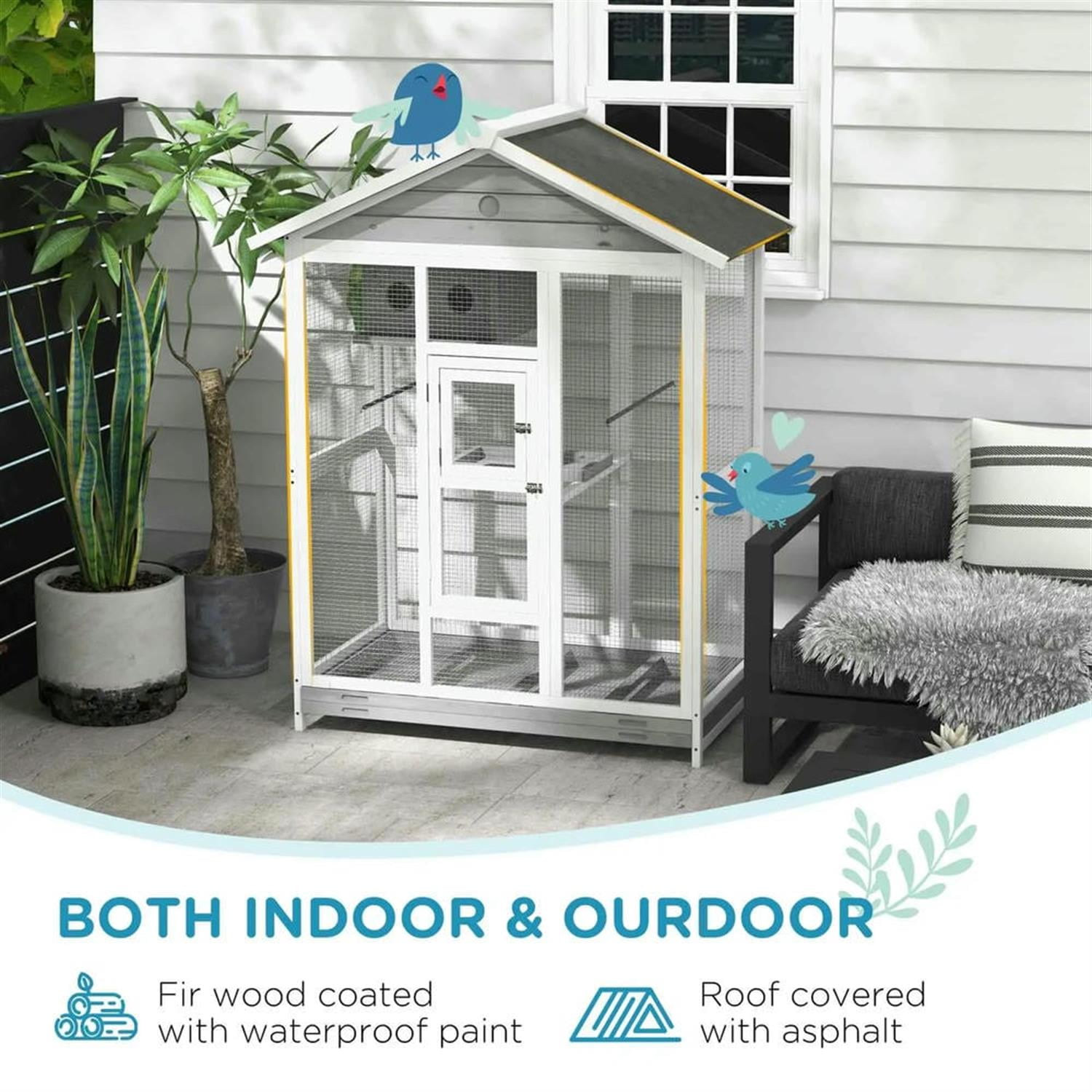 Kadyn 64" Height Wooden Outdoor Flight Bird Cage Aviary with 4 Perches and Slide-Out Tray for Parrots Conures Lovebird Cockatiel Parakeets, Gray