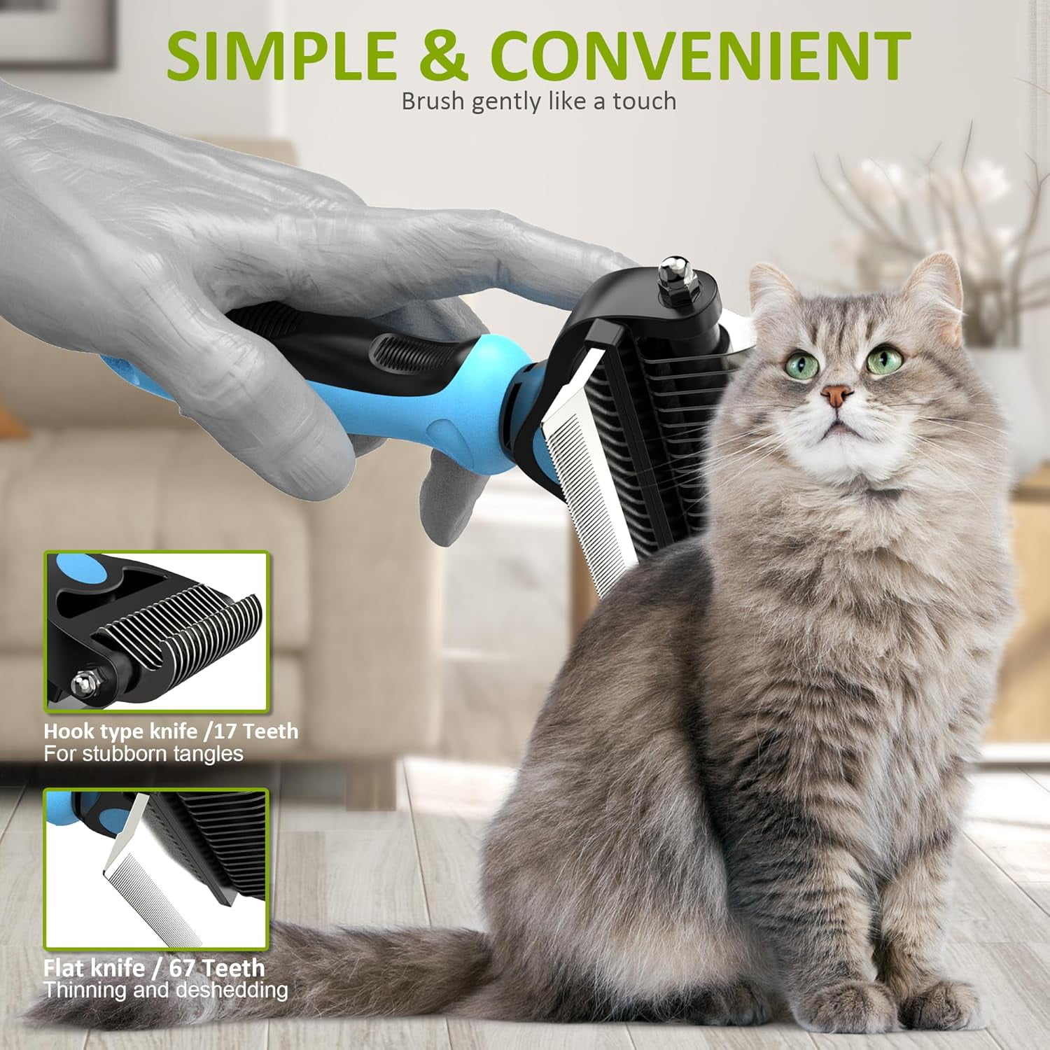 Spring Blossoms 2 in 1 Professional Grooming Rake for Cats & Dogs-Dematting Comb for Easy Mats & Tangles Removing,Hair Removal Cleaner for Pets(Blue)