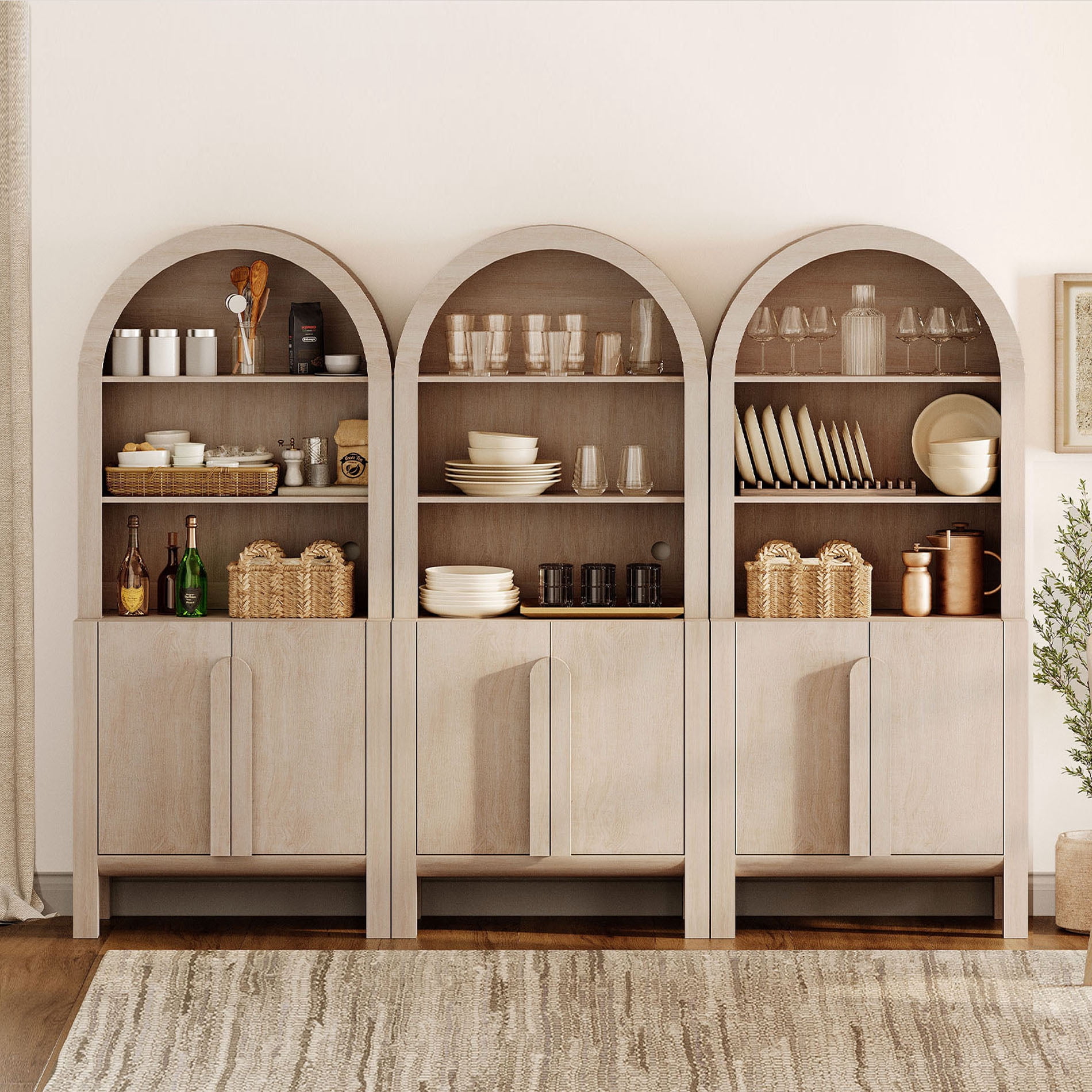 94.5"W Arched Kitchen Hutch Sideboard, Mid-Century Modern Buffet Hutch Cabinet with 6 Wooden Doors And 3 Tier Shelves