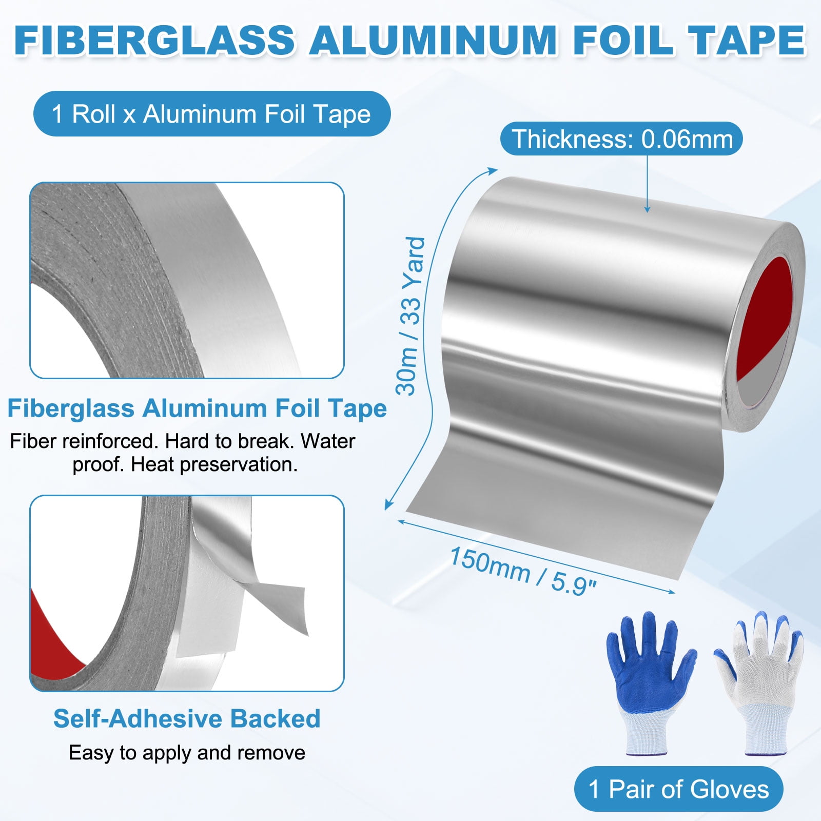 Uxcell 1 Pack Aluminum Foil Tape, 33 Ftx5.9inx2.4mil Heavy Duty HVAC Tape Metal Duct Tapes Heat Resistant Tape Insulation Tapes with Gloves for Air Ductwork, Dryer Vent, HVAC Sealing