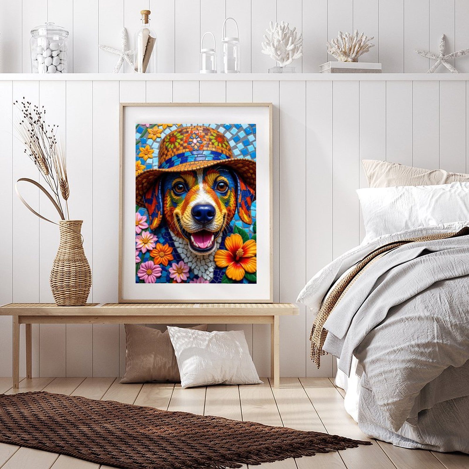 Diamond Art Kit for Adults, Colorful Mosaic Dog With Flowers Diamond Painting for Adults Beginners, 5D DIY Diamond Art Painting Kits, Colorful Diamond Painting Craft for Home Decor 12x16