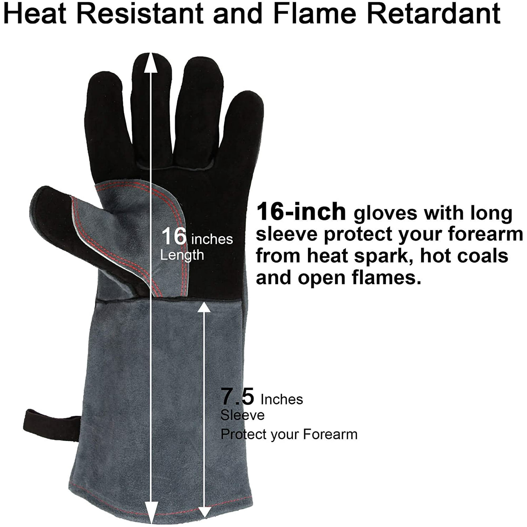 932 Grill BBQ Gloves 16 inch Heat Resistant Leather Forge Welding Glove with Flame Retardant Long Sleeve and Insulated Lining for Men and Women Black gray Walmart