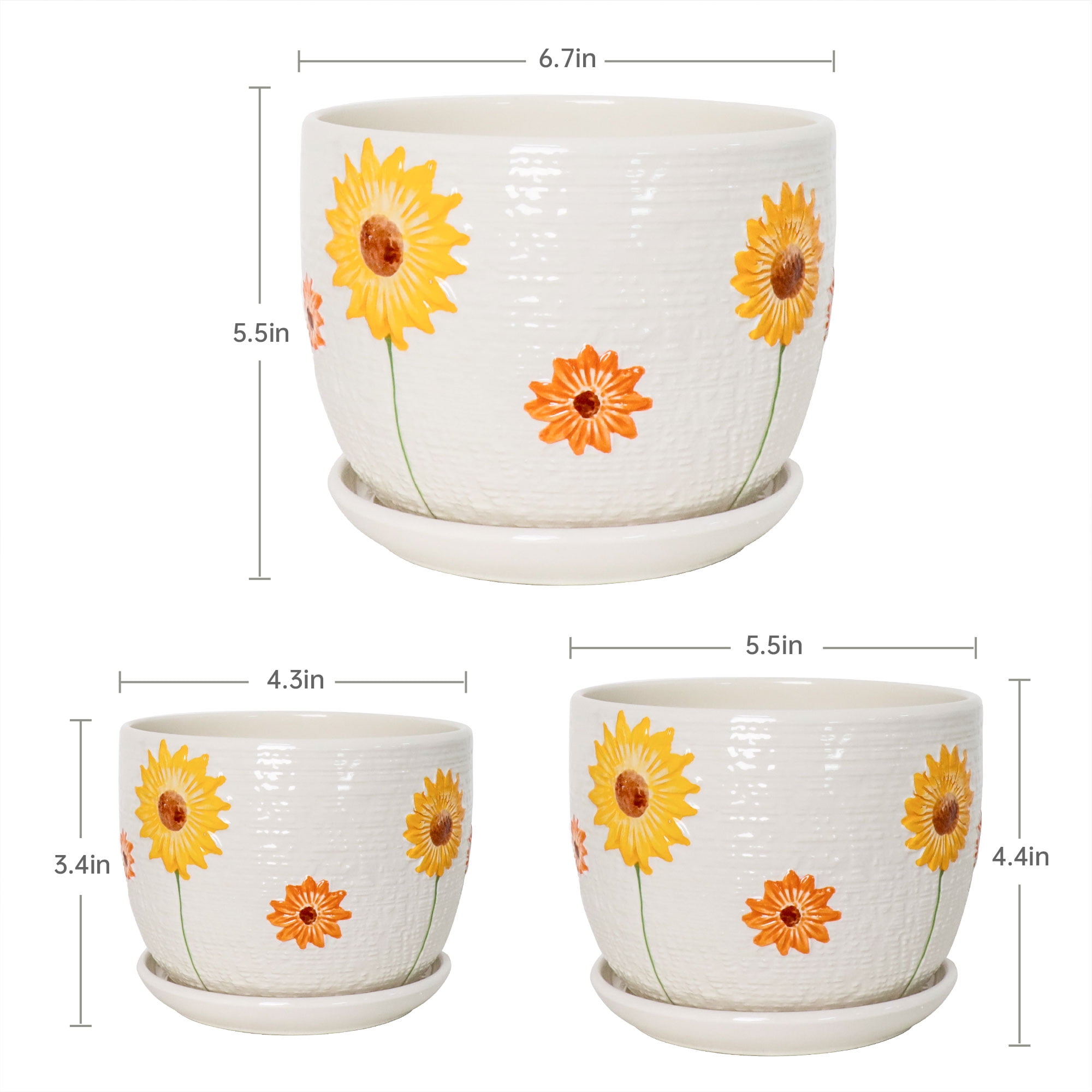 Plant Pots,Set of 3 Ceramic Sunflower Flower Pots for Indoor Plants,4+5+6 inch Pots with Drainage Hole Saucer,Garden Pots Catus Planters