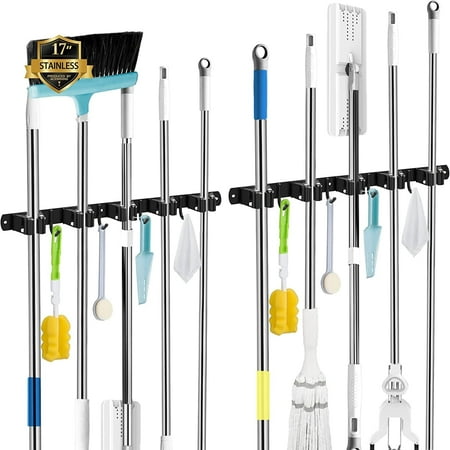 2 Pack Black Broom Holder Wall Mount 5 Racks 4 Hooks Mop and Broom Holder | Mop Holder Wall Mount and Broom Hanger for Garage Laundry Room Kitchen and Utility Storage