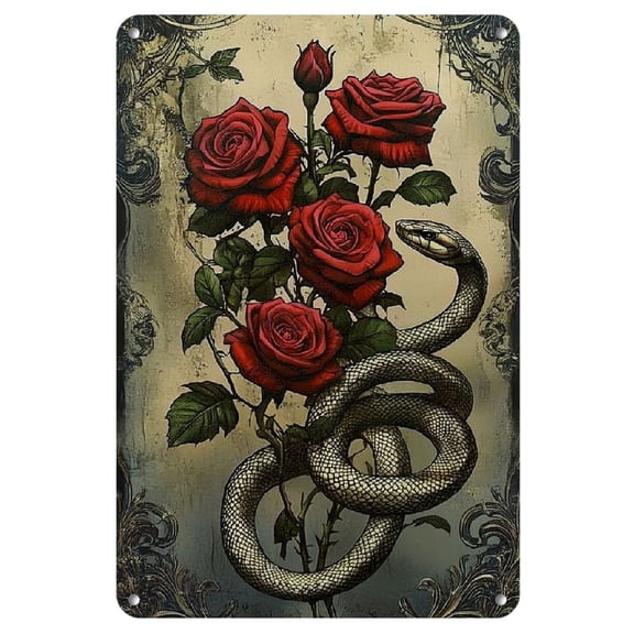 Vintage Snakes and Roses Metal Tin Sign - 8x12 Inches, Elegant Wall Art with Red Roses & Snake Design, Perfect for Home, Office, Bar, or Garage Decor, Bar Wall Art | Vintage Metal Sign