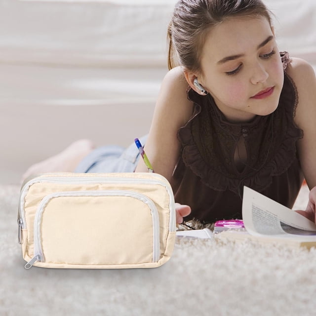 Matoen12 Trousse à Crayons Multi-Couches Design Simple pour Enfants Étudiants, Grande Capacité Sacs de Rangement en Polyester, Fournitures de Rentrée, 8.5"x5.1"x3.2 Pouces, 1 Pack, Beige