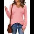 thumbnail image 3 of Suéter Informal de Larga con Cuello en V, Tejido Acanalado y Crochet Ligero para Mujer (Otoño 2025) Rosa XL, 3 of 7