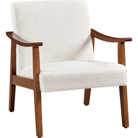 HJTER Fabric Accent Chair, Mid-Century Modern Armchair with Solid Wood Legs, Reading Leisure Chair with High Back for Living Room Bedroom Waiting Room,Ivory