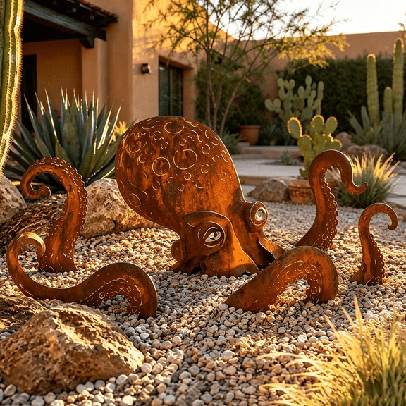 Rust Patina Giant Squid Garden Sculpture,2D Metal Octopus Yard Art Stake,Metal Octopus Garden Decor, Decorative Garden Stakes, for Outdoor Lawn Patio Ornament
