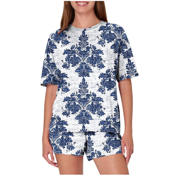 Trajes de Pantalones para Mujeres Casual Suelta Impresión Manga Corta, Cuello Redondo Pantalones Cortos Pijamas Poliéster