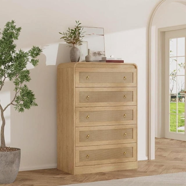 Commode en Rotin de 31 Pouces de Hauteur avec 5 Tiroirs, Commode Moderne pour Chambre, Salon, Couloir