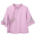 thumbnail image 4 of Purple Shirts for Women Cotton and Linen V Neck Retro Embroidered Loose Casual Top, 4 of 6