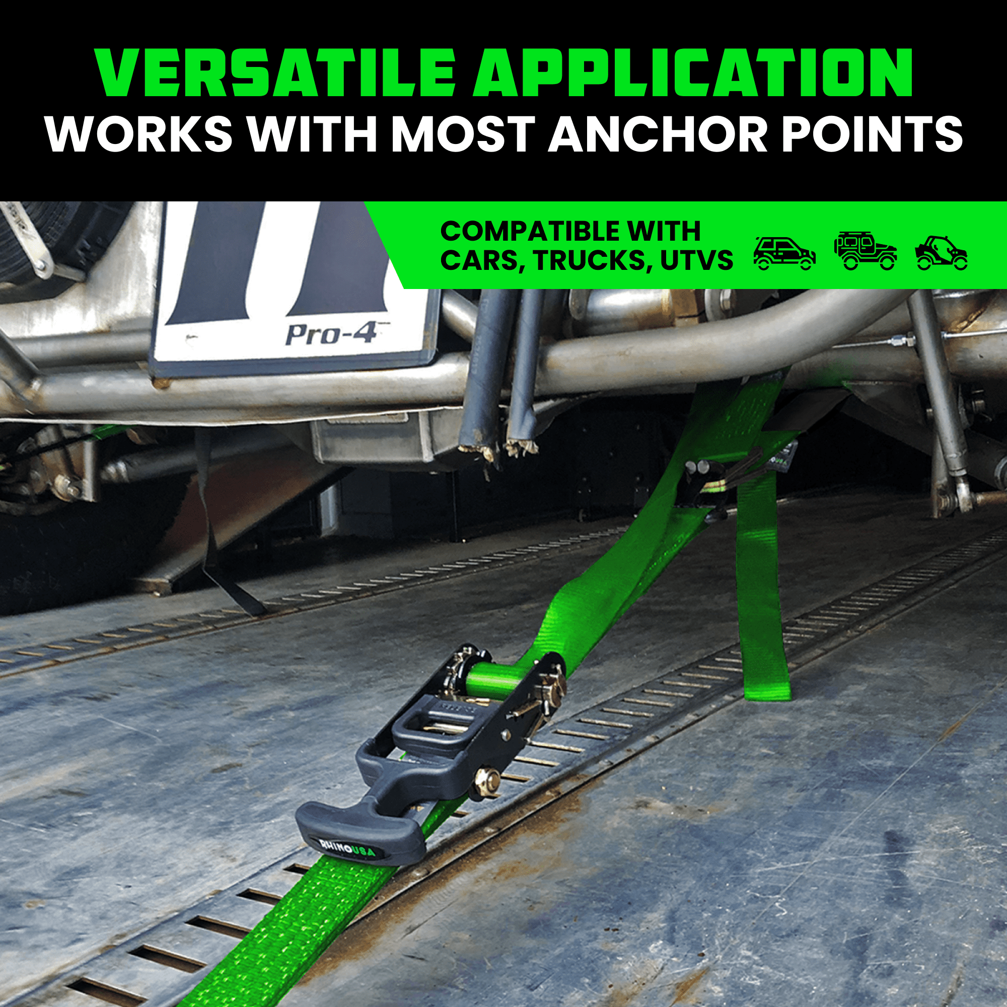 Rhino USA Car Tie Down Straps for Trailers w/ J Hooks - 2" x 8' (10,000lb Break Strength) 4pc Green