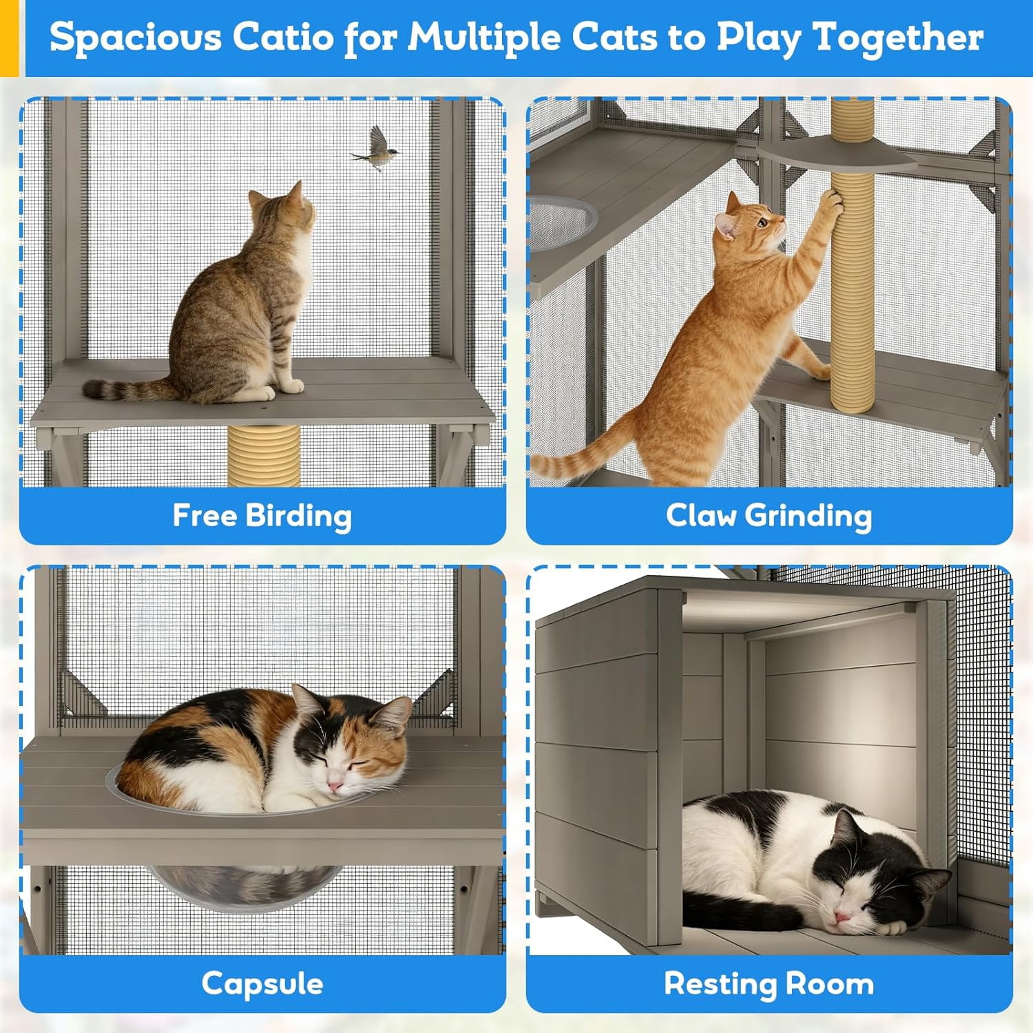 99.5" Extra-Tall Outdoor Cat Enclosure, Window-Attached Catio with 8 Platforms & Bug-Proof Mesh, Large Wooden Cat House, Grey