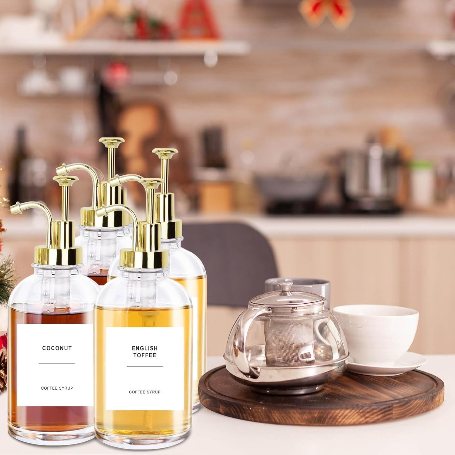 Glass Coffee Syrup Dispenser, 16.9oz Glass Syrup Bottles Set of 4, Coffee Bar Accessories with Labels and Funnel&Pump for Kitchen Coffee Bar Accessories, Gold