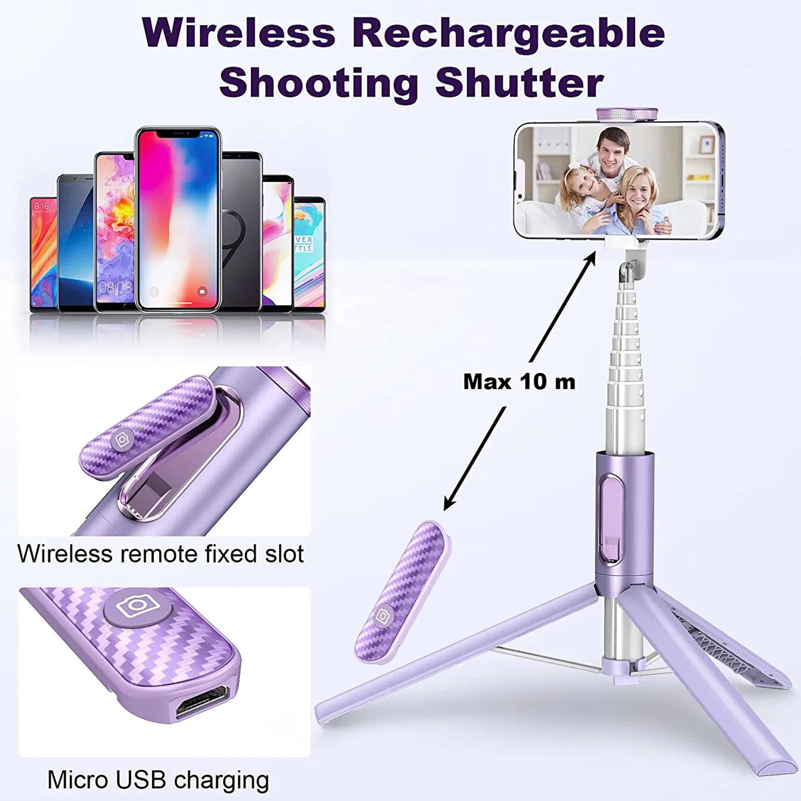 TONEOF 60in Phone Selfie Stick Tripod with Remote,  Travel Tripod Stand Portable for iPhone and Android（Purple）