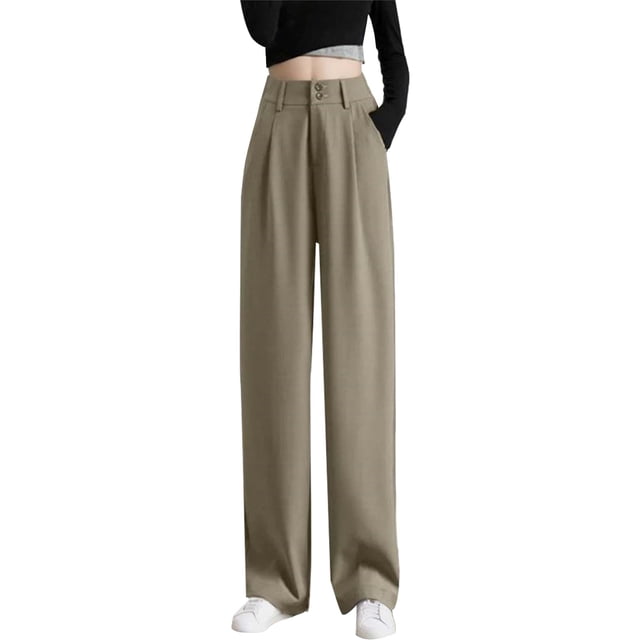 Pantalones de mujer de cintura alta y pierna ancha - Pantalones de trabajo elásticos por detrás para el verano