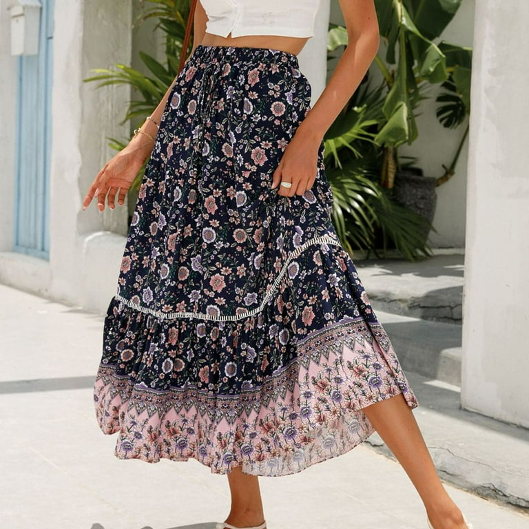 Boho Skirts for Women Long AKOEE Women s Bohemian Floral Print Beach Maxi Skirt Elastic Waist Swing A Line Dress X Large Dark Blue Walmart