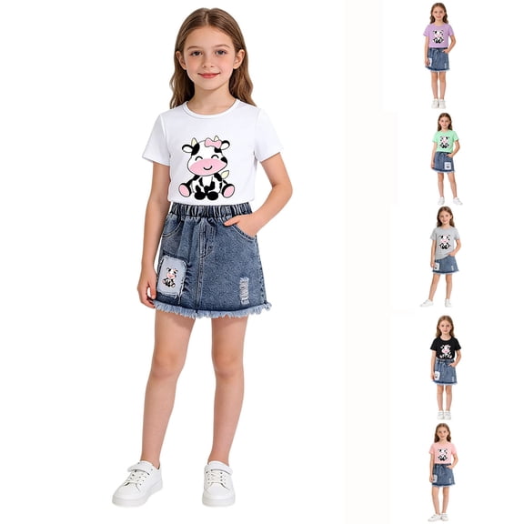 Summer Outfits for Girls Size 2-3Y Cartoon Cow Print Short Sleeve Top and Denim Skirt Comfortable 2 Piece Girl Clothes
