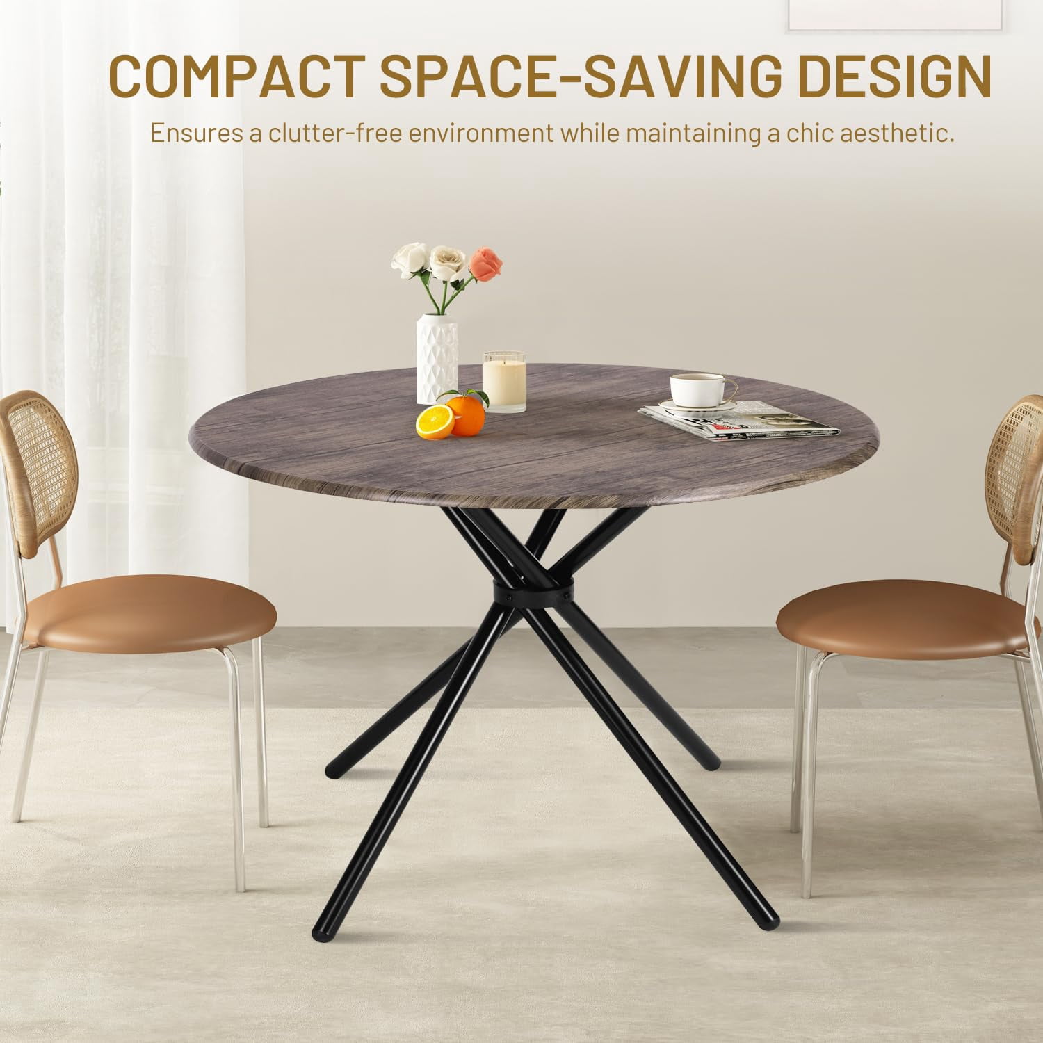 Round Dining Table for 2-4 People, Wood Top Dining Table with Intersecting Pedestal Base & Metal Legs, Multifunctional Table for Kitchen Living Room Home Office