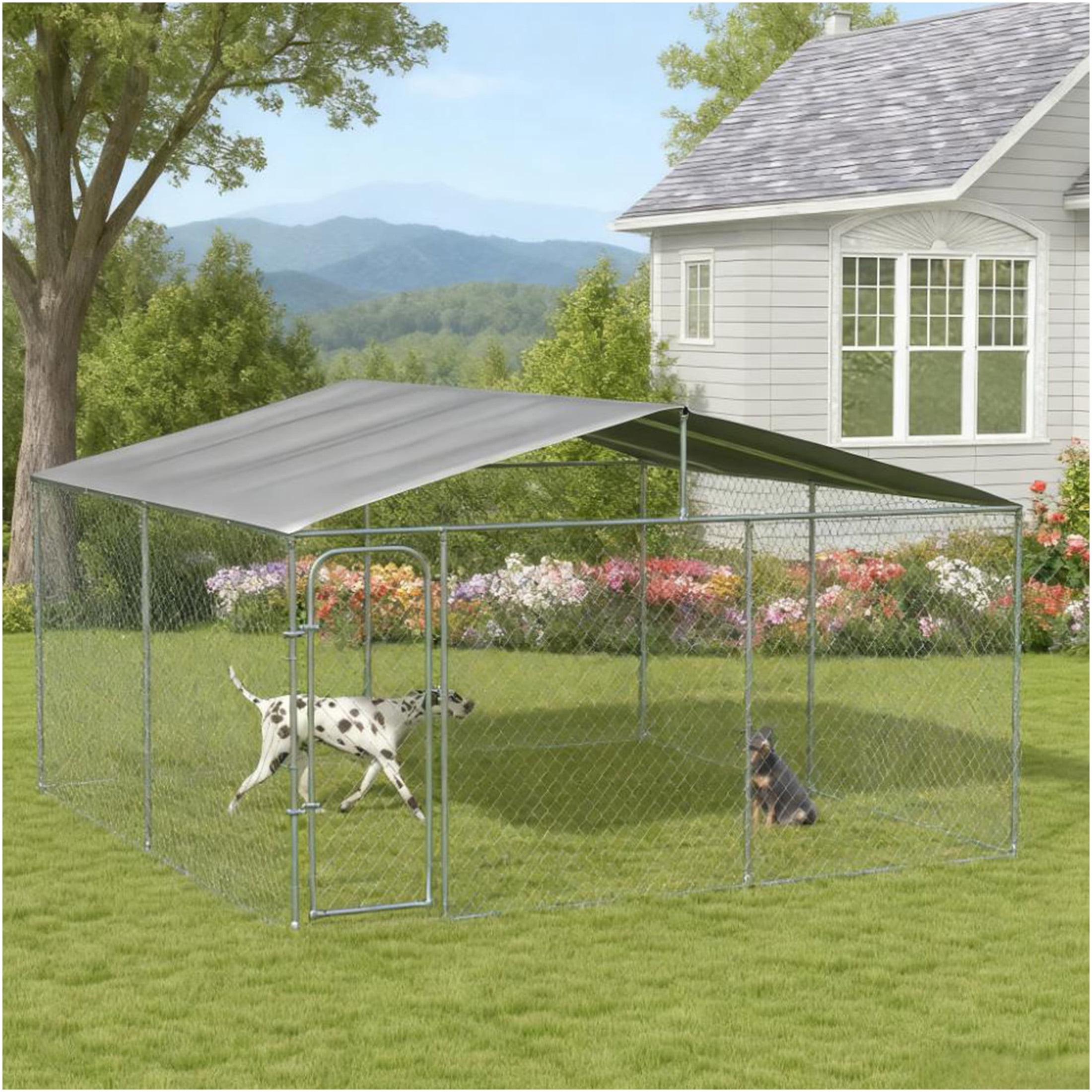 JERFIT Large 13x13x7.6ft Outdoor Dog Kennel with Roof Cover, Heavy Duty Steel Welded Wire Pet Playpen Yard Fence Run for Big Dogs, Silver