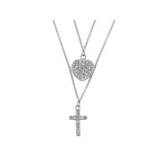 CZ Rhodium over Sterling Silver Double Layered Heart and Cross Necklace, 18"