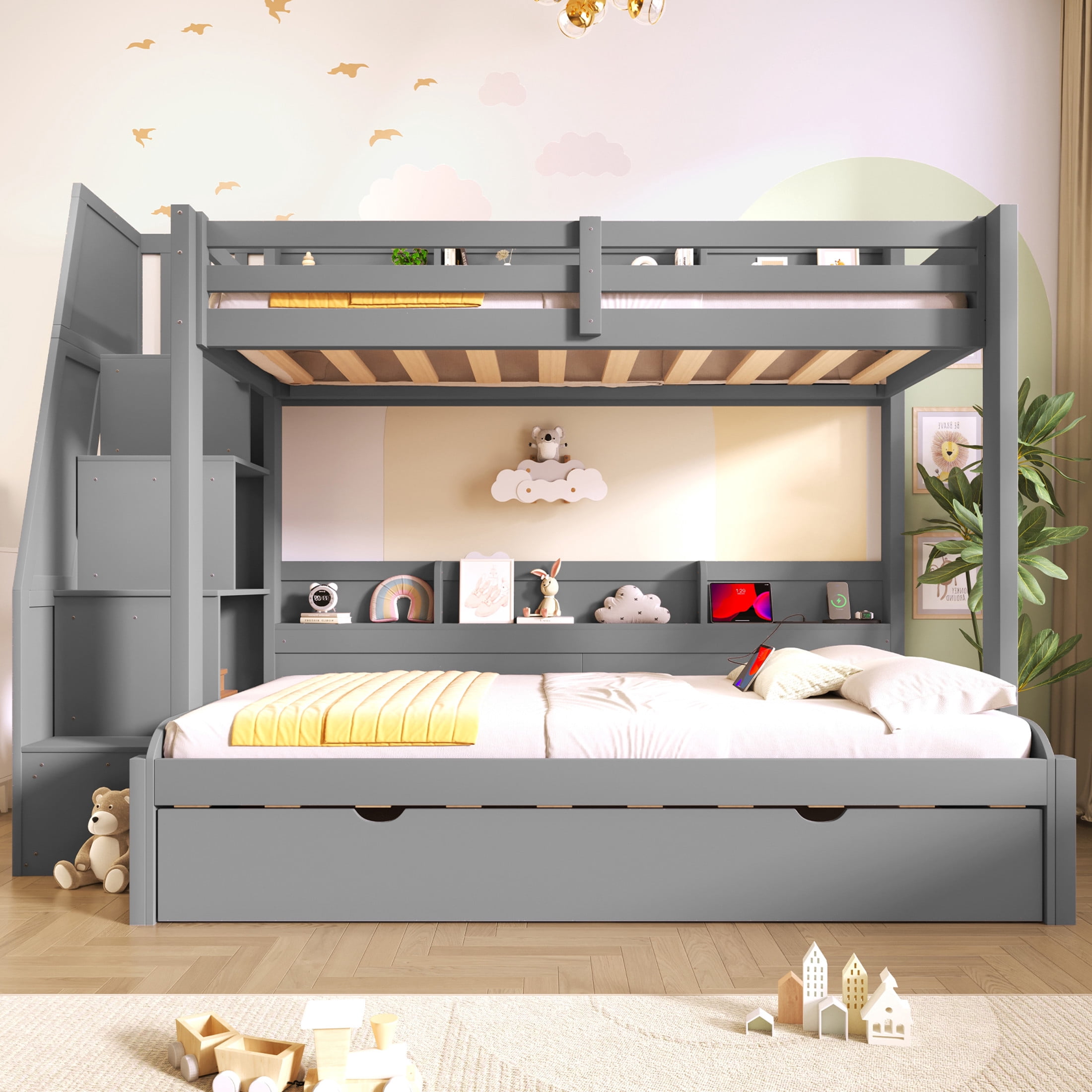 Noble House Aldorin Twin over Full Bunk Bed with Storage Staircase and Trundle, LED Light and Charging Ports, Gray