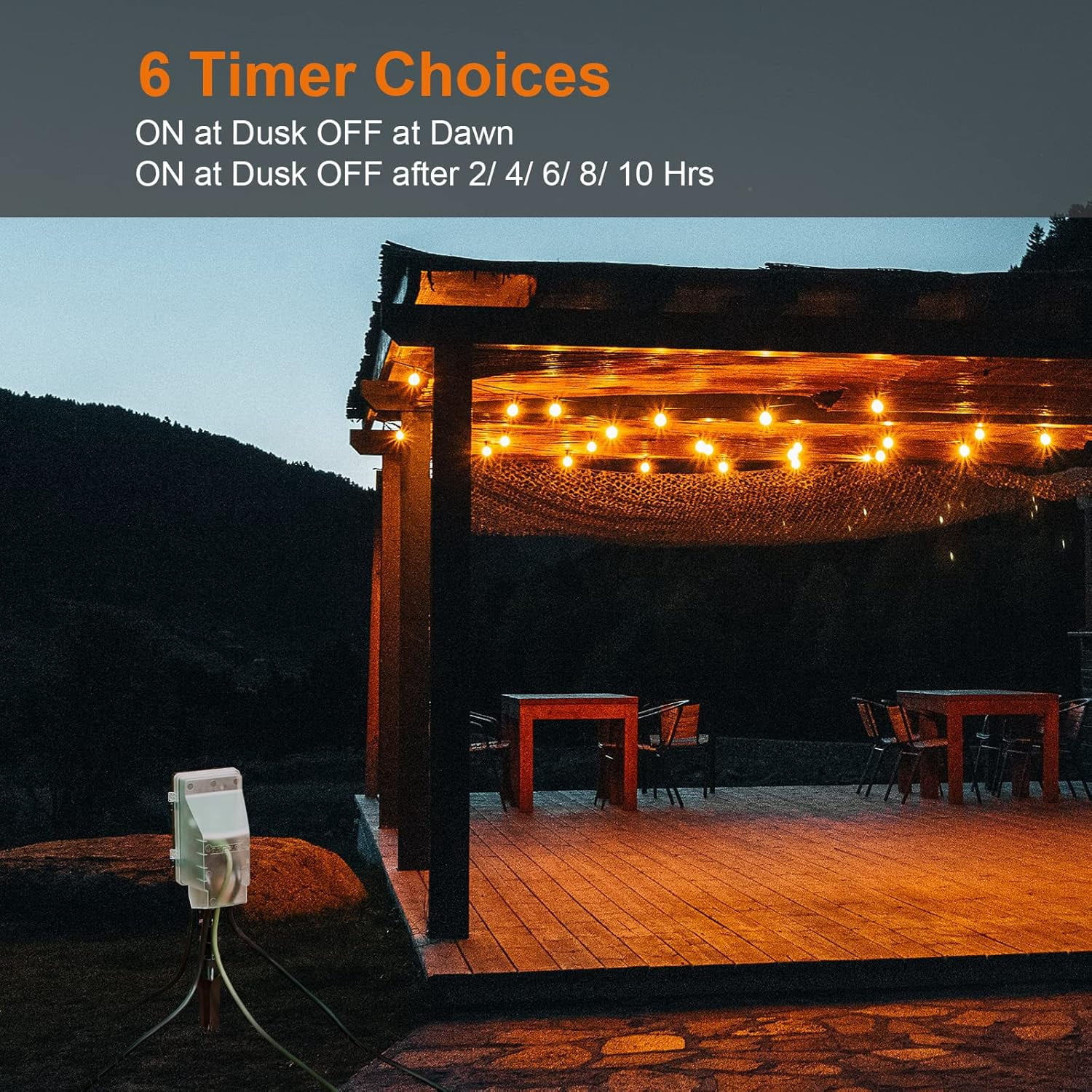 Outdoor Power Stake Light Timer, Dusk to Dawn, 6 Electrical Outlet Power Strip Weatherproof, 6FT Extension Cord Multiple Outlet for Patio Lights, Sprinkler, Garden, Christmas Decorations