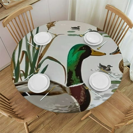 

Round Fitted Tablecloth Lake Animals and Plants with Lily Flower Print Elastic Edged Polyester Table Pad
