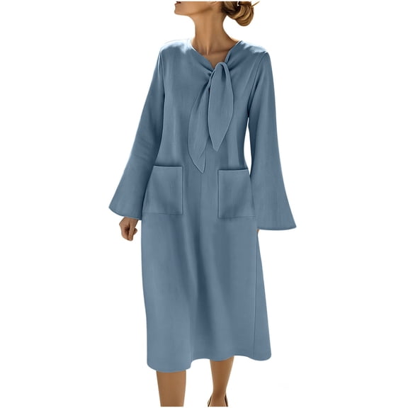 Generic Women's Long Bell Sleeve Tie-Neck Midi Dress Casual Long Sleeve Tie-Neck Dresses Summer Loose Fit Flowy Beach Vacation Dress