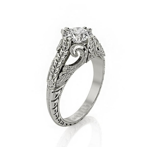 Leaf Shank Women's Wedding Ring, Filigree Art Deco Solitaire Engagement Ring, 1.6 Ct Simulated Round Brilliant Cut Diamond, 14K White Gold Plated, Proposal Promise For Her Anniversary Gift