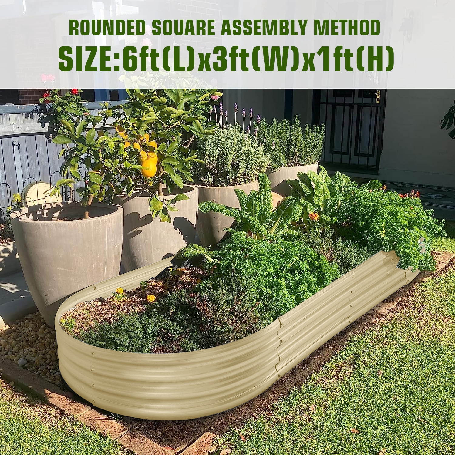 Land Guard 6x3x1ft Galvanized Metal Raised Garden Bed Kit,Oval Planter Box Outdoor for Vegetables,Fruits and Flowers,Cream Yellow