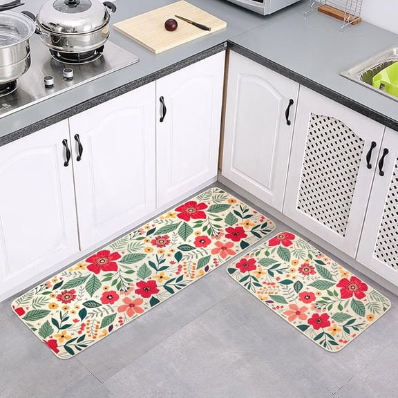 AMQTSLM 2Pcs Kitchen Mats for Floor, Floral Kitchen Rugs for Floor, Washable Kitchen Accessories Decor Mat, Non-Slip Kitchen Floor Mats for Kitchen Bathroom Office