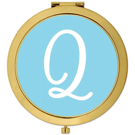 Koyal Wholesale Gold Compact Mirror Bridesmaid's Wedding Gift, Baby Blue, Monogram Letter Q, 1-Pack