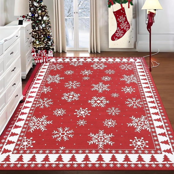 Area Rug 3x5 Christmas Printed Rug Washable Rugs Xmas Snowflake Decorative Rug for Living Room Bedroom Classroom Office Nursery Low Pile Neutral Soft Rug Non Slip Farmhouse Carpet Red