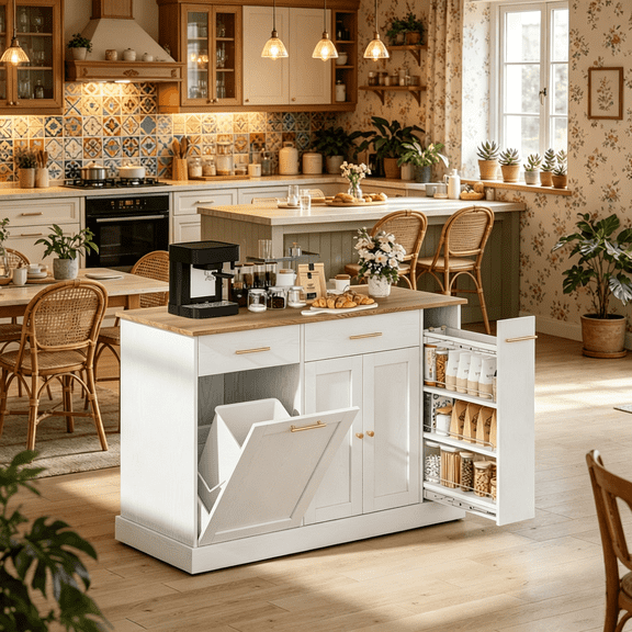 DreamCurship 52" Kitchen Island with Storage, Rolling Kitchen Cart Storage Cabinet with Drawer, Dedicated trash can compartment, kitchen island on wheels, white