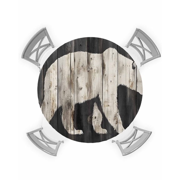 nqOlkjepod White Brown Bear Round Tablecloth, Fitted Table Cover with Elastic for 55"-60" Round Tables, Vintage Country Rustic Wood Grain Table Cloth Outdoor Dinning Party Waterproof Tablecloths