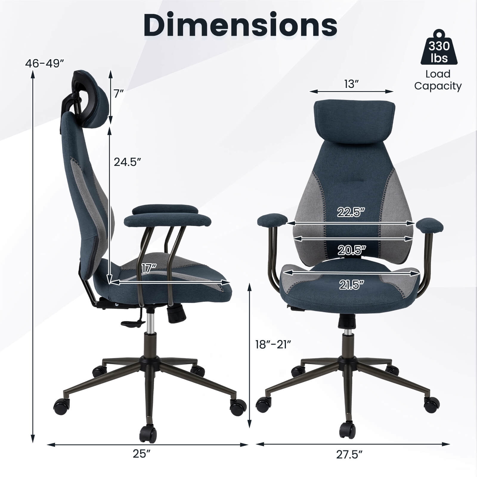 Costway Ergonomic Office Chair with 2D Headrest, Rocking Backrest & Wheels, Gaming Chair Gray & Blue