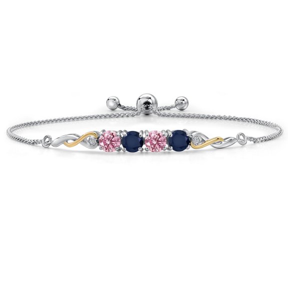 Gem Stone King 925 Silver and 10K Yellow Gold Pink Lab Grown Diamond and Blue Sapphire Bracelet for Women | 2.22 Cttw | Gemstone April Birthstone | Round 5MM | Fully Adjustable 9 inch