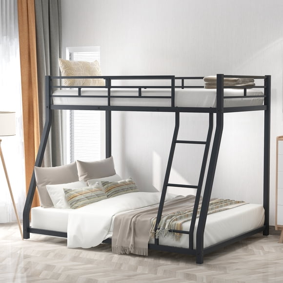 MODERNLUXE Metal Twin over Full Bunk Bed,Floor Bunk Bed Frame with Ladder for Kids,Black