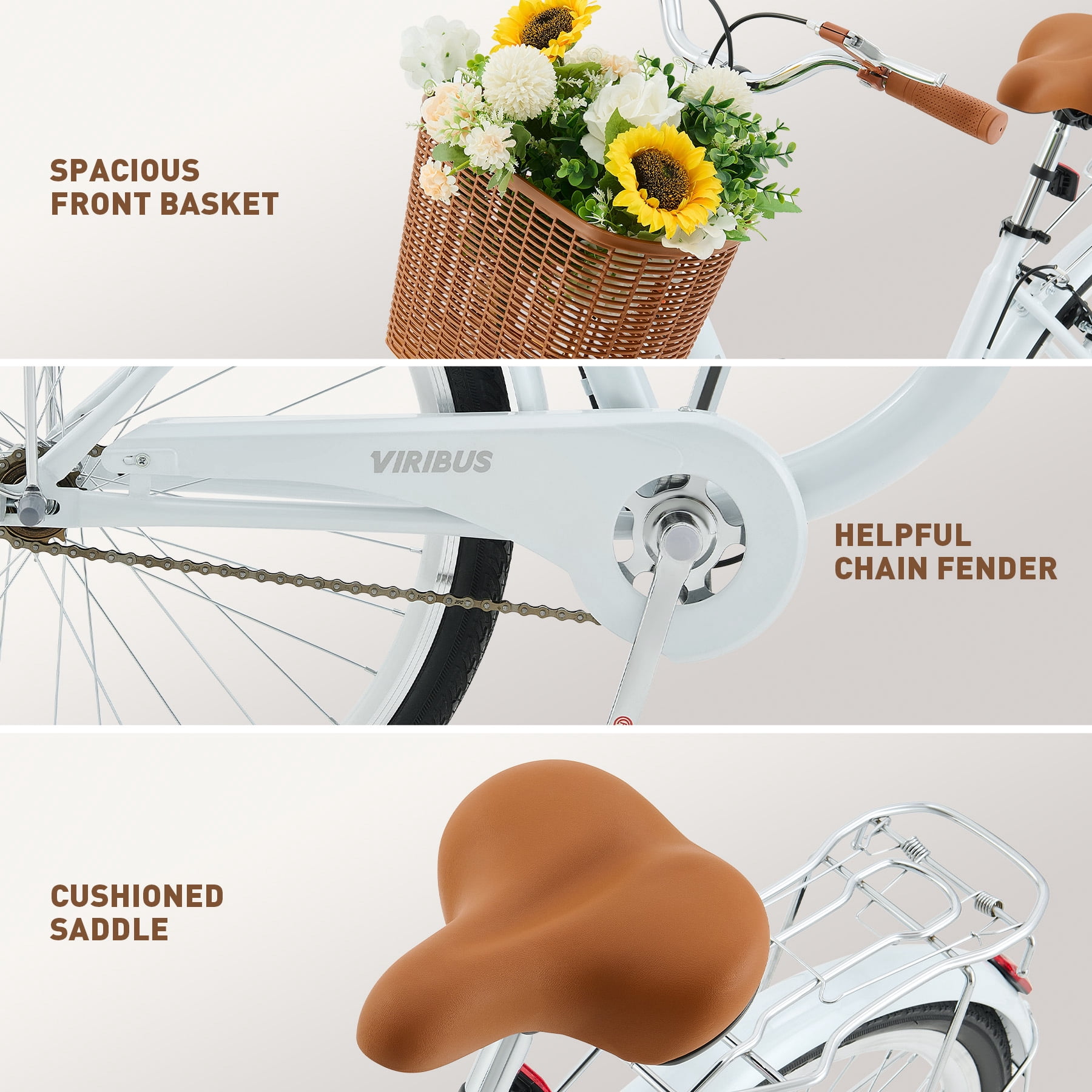 Viribus 24 inch City Cruiser Bicycle for Women,with Carbon Steel Frame Dual V Brakes Basket for Women Adults,Mint