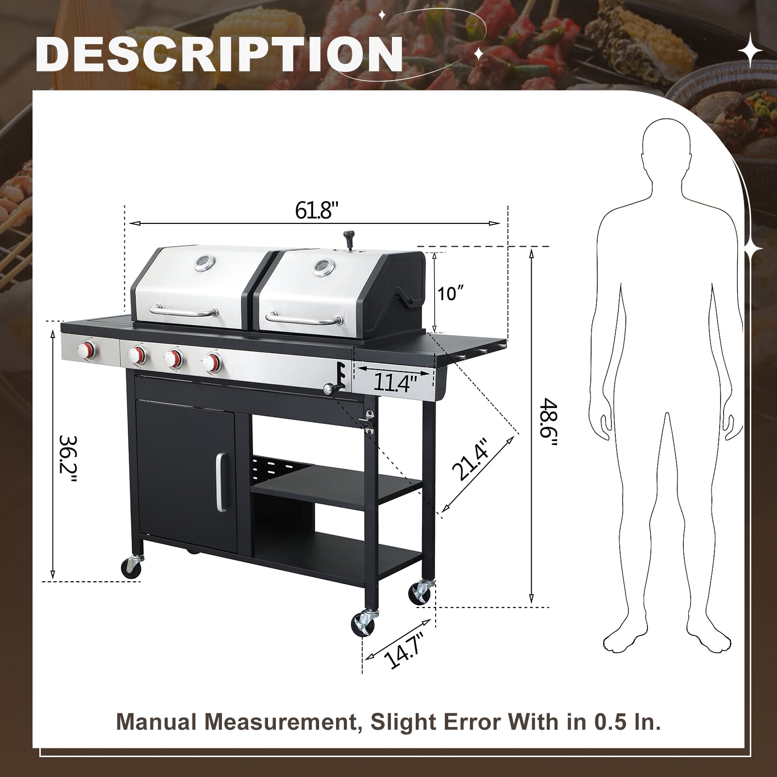 Nice Cooker Gas and Charcoal Combo Grill with Side Burner, 37,230 BTU Outdoor BBQ Grill with Porcelain-Enameled Cast Iron Grates and Plate, Thermometer, Storage Cabinet Rack for Outdoor Patio, Garden