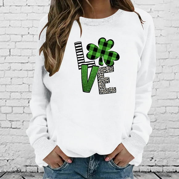 jsaierl St. Patrick's Day Sweatshirts for Women Casual Long Sleeve Clover Love Letter Print Tee Irish Vintage Crew Neck Tops Dressy Casual T-Shirt Blouse Gift for Women