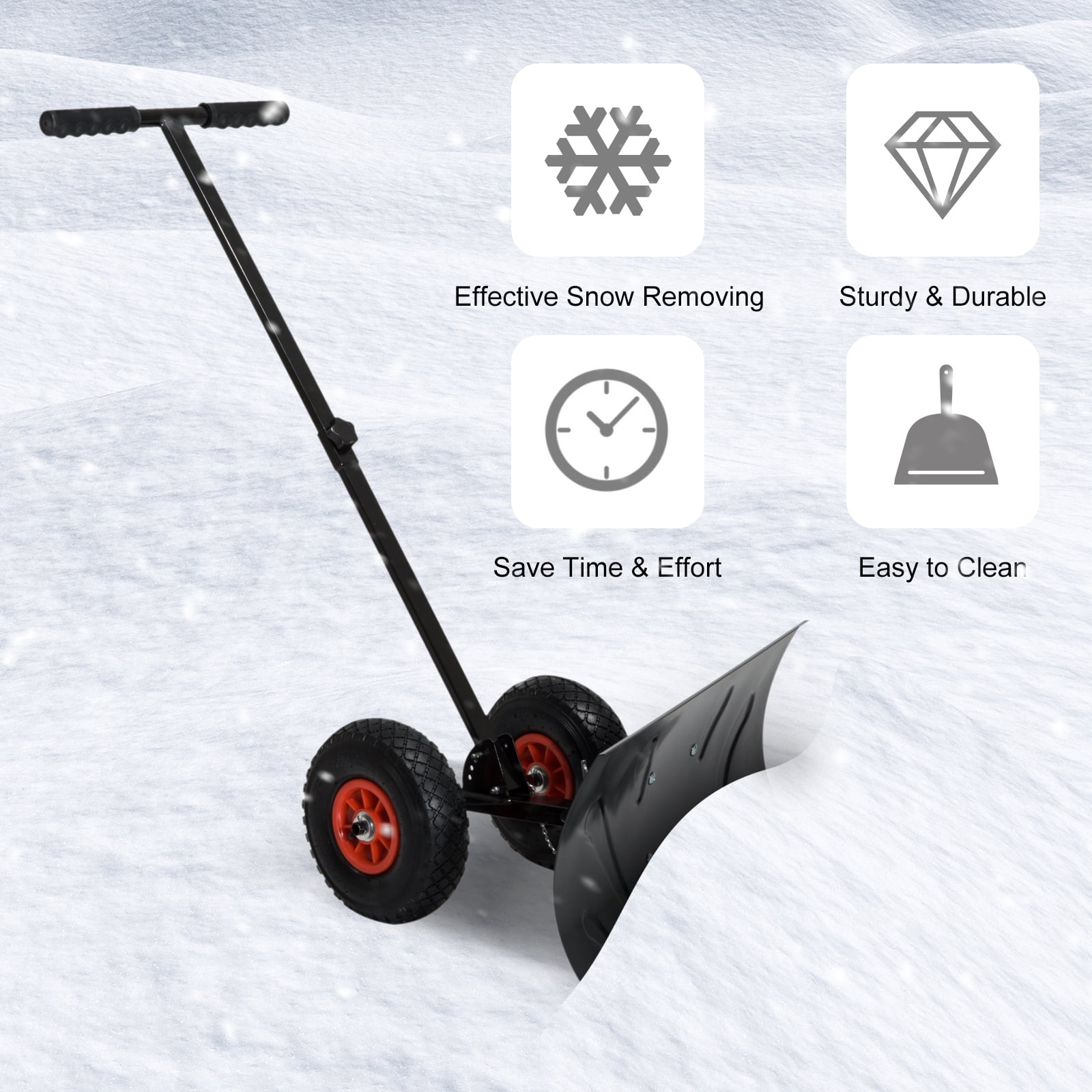 Outsunny Snow Shovel Rolling Pusher with 29'' Blade, Wheels  Tilt, Orange 